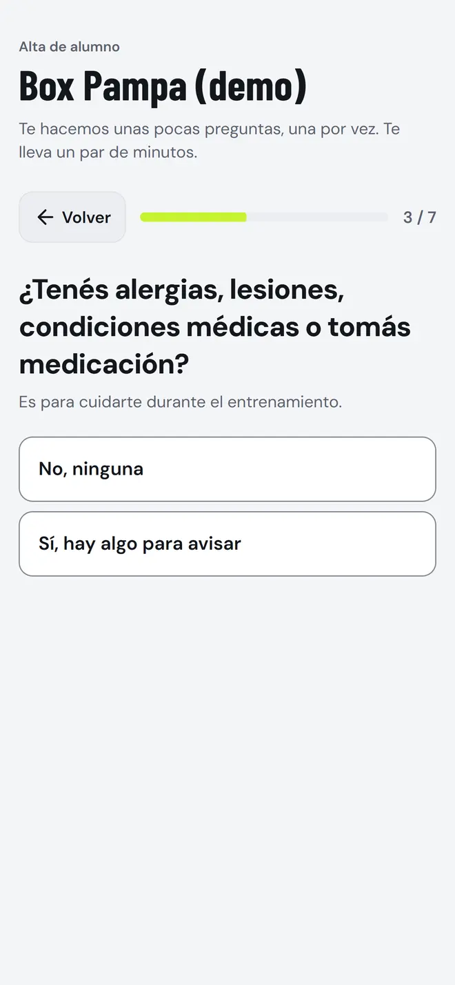 Formulario de alta del alumno con la pregunta de salud