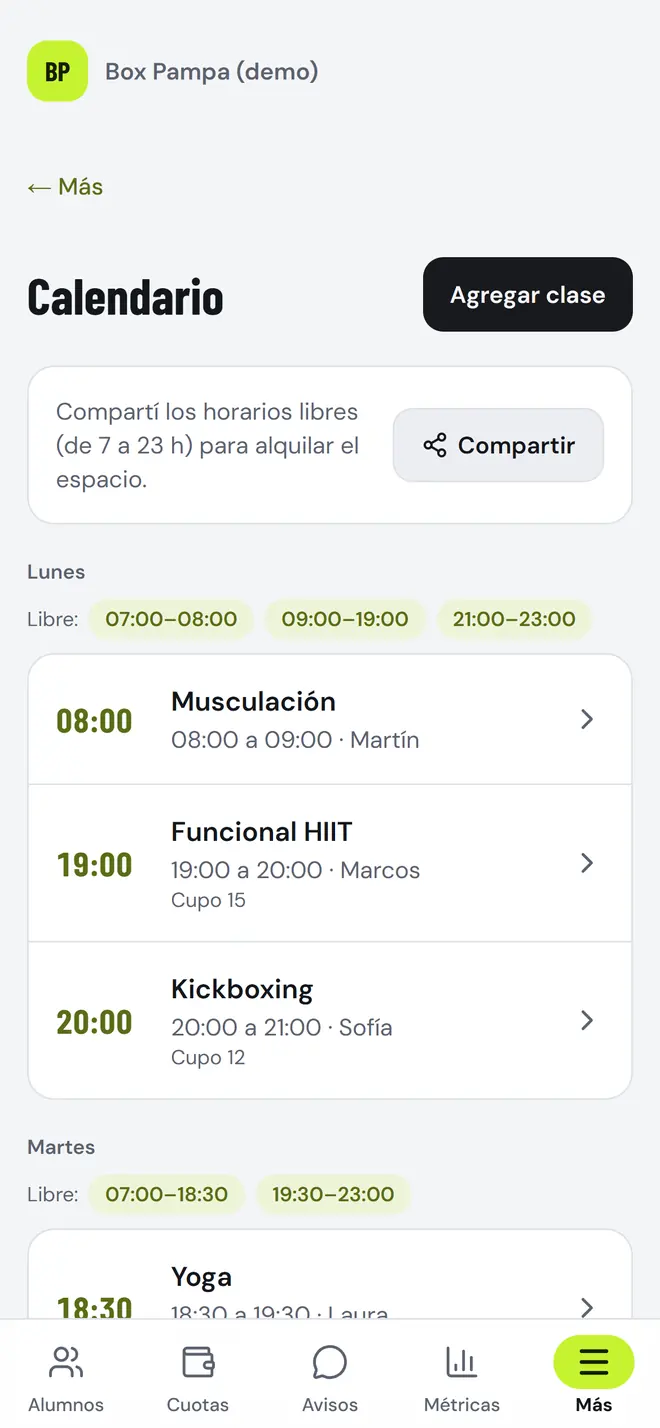 Calendario semanal de clases
