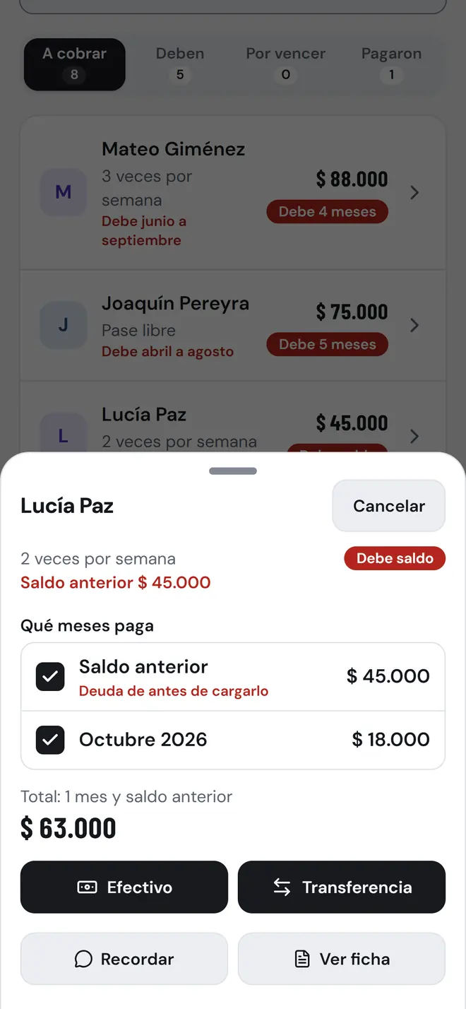 Hoja para anotar un pago: meses que paga, total y forma de pago