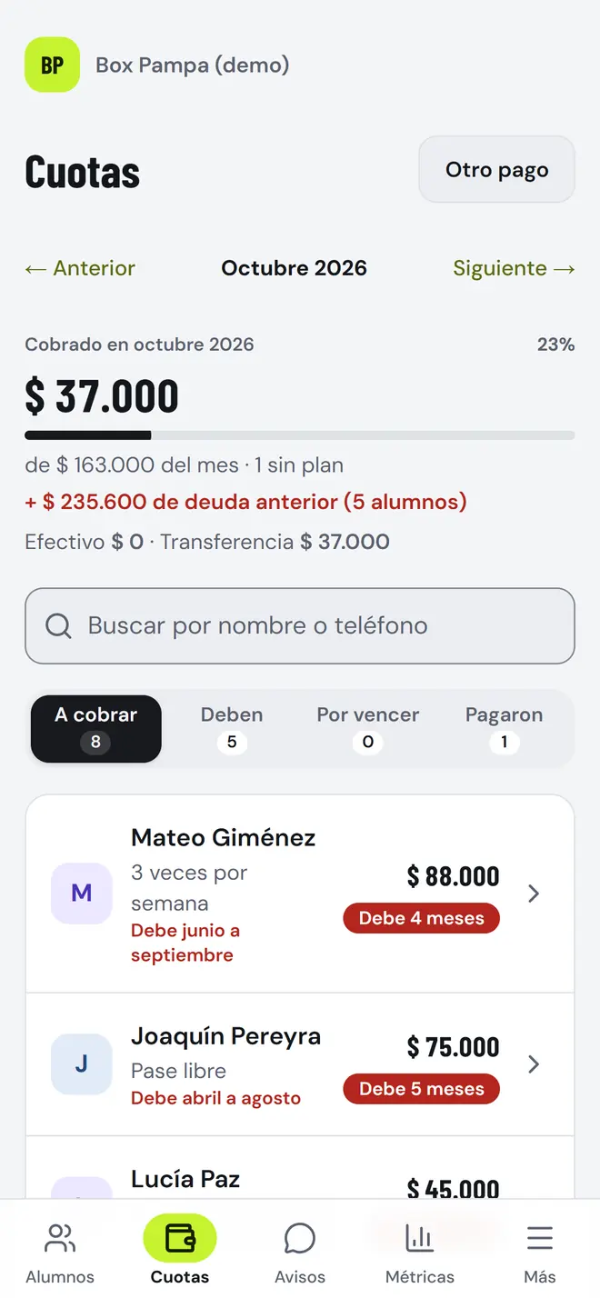 Pantalla de Cuotas con la lista de alumnos y cuánto debe cada uno