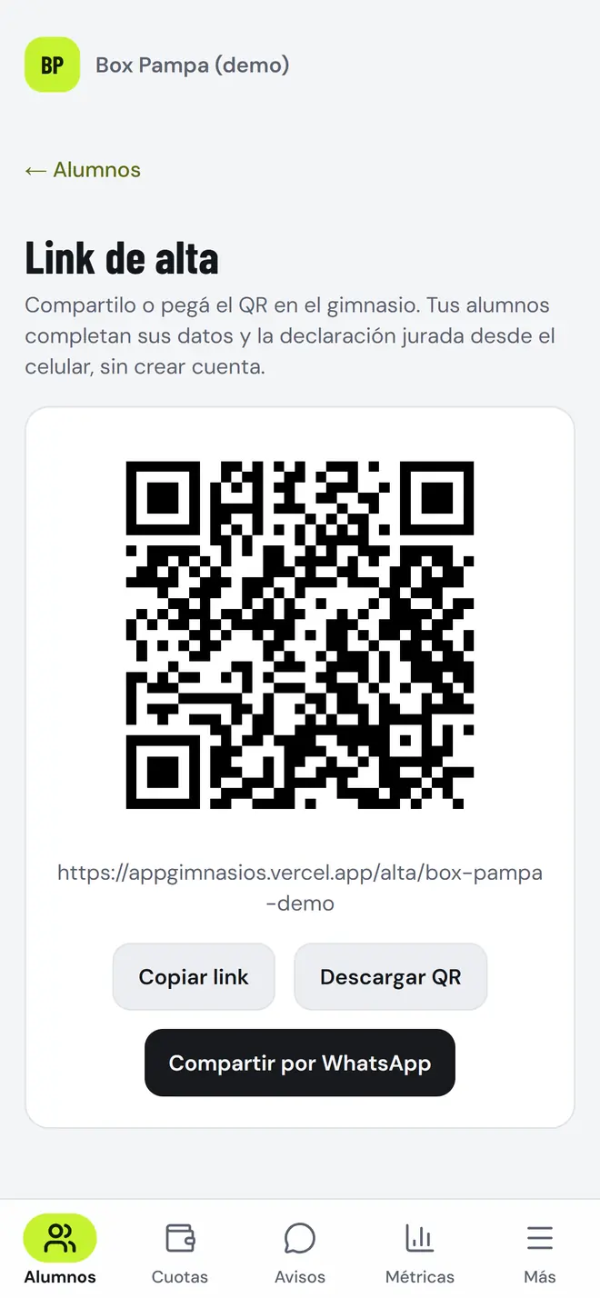 Pantalla del link de alta con el código QR del gimnasio